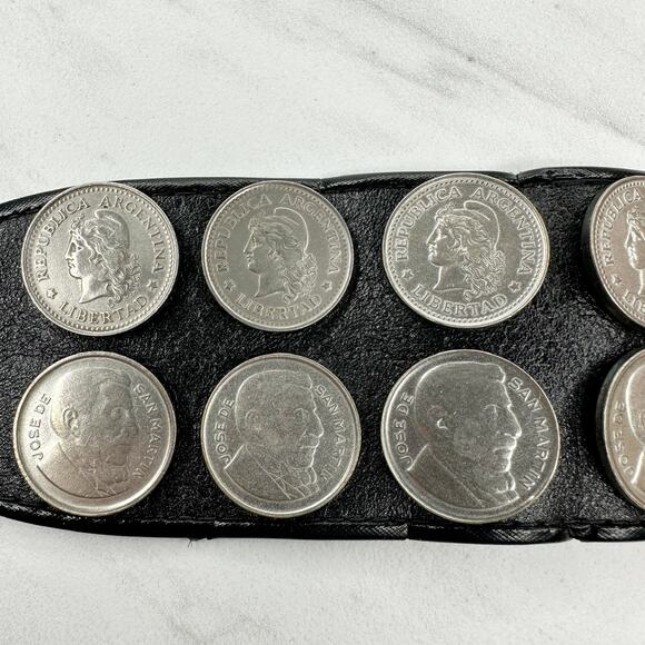 Vintage Argentina Coin Studded Leather Chain Belt Gaucho Western Small (S) ✨ - Picture 3 of 15